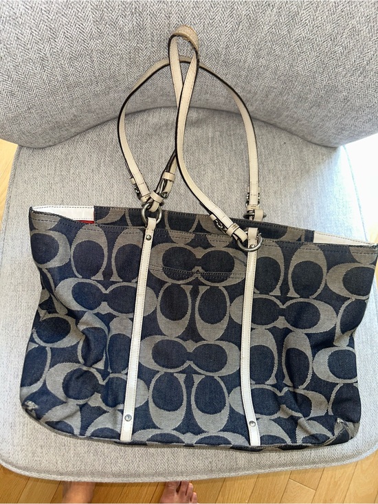 Coach Handbags - Coach Large Signature Tote in Navy and Khaki with Cream Straps